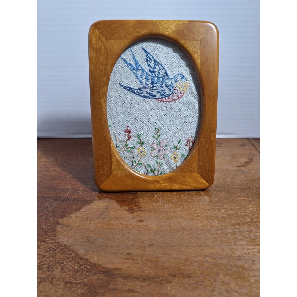 Vintage Hand Embroidered Blue Bird Swallow Floral Textile Art in Wood Frame
